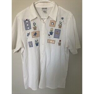 Alfred Dunner Women’s White Size 12 Top Embroidered Flowers  Butterflies LadyBug